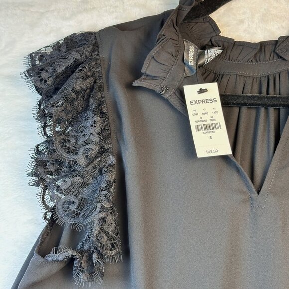 Express Feminine Victorian Ruffle Mock Neck Lace Cap Sleeve Blouse Black S NWT - Picture 12 of 13